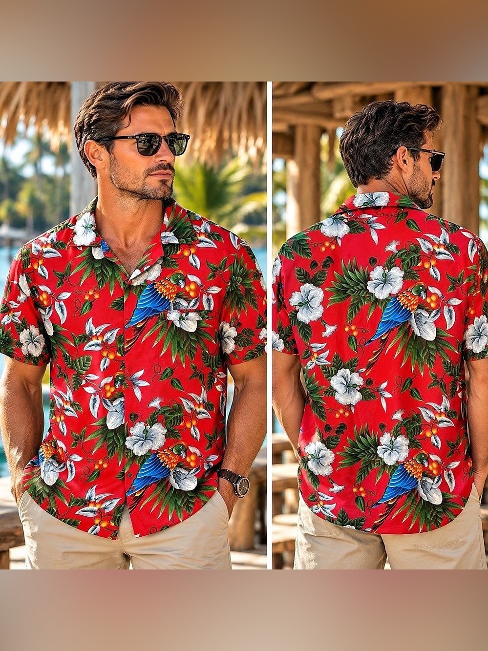 🤠❤️‍🔥 V.H.O. Funky Hawaiian Shirt Cherry Parrot Red Floral Short Sleeve | LARGE